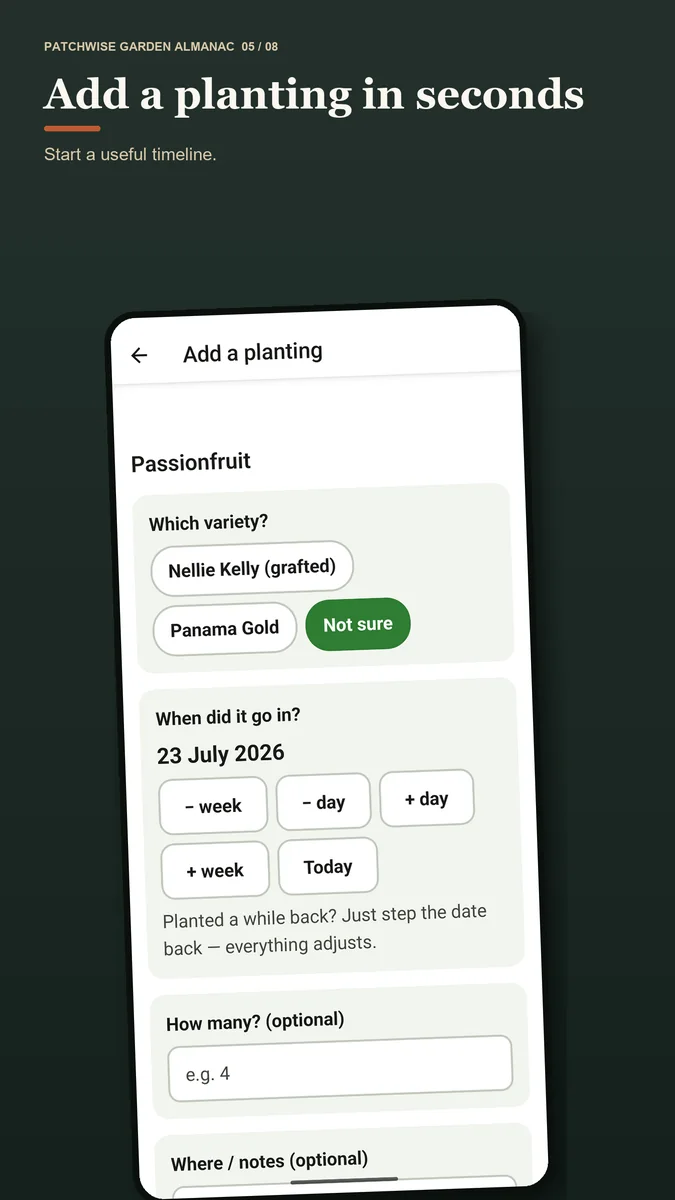 Patchwise Add Planting screen for passionfruit with variety, planting date, quantity and optional notes.