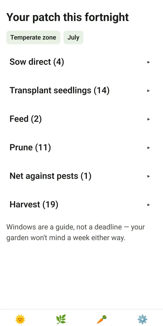 The Patchwise Today screen for a Temperate-zone patch in July, listing this fortnight's jobs: sow direct, transplant seedlings, feed, prune, net against pests and harvest