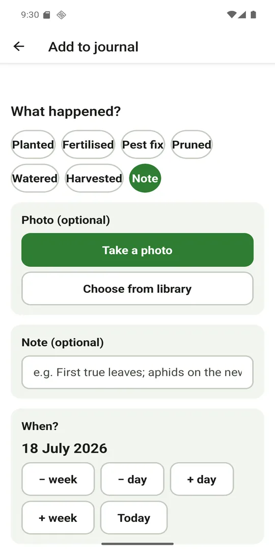 Adding a journal entry in Patchwise with photo and note options