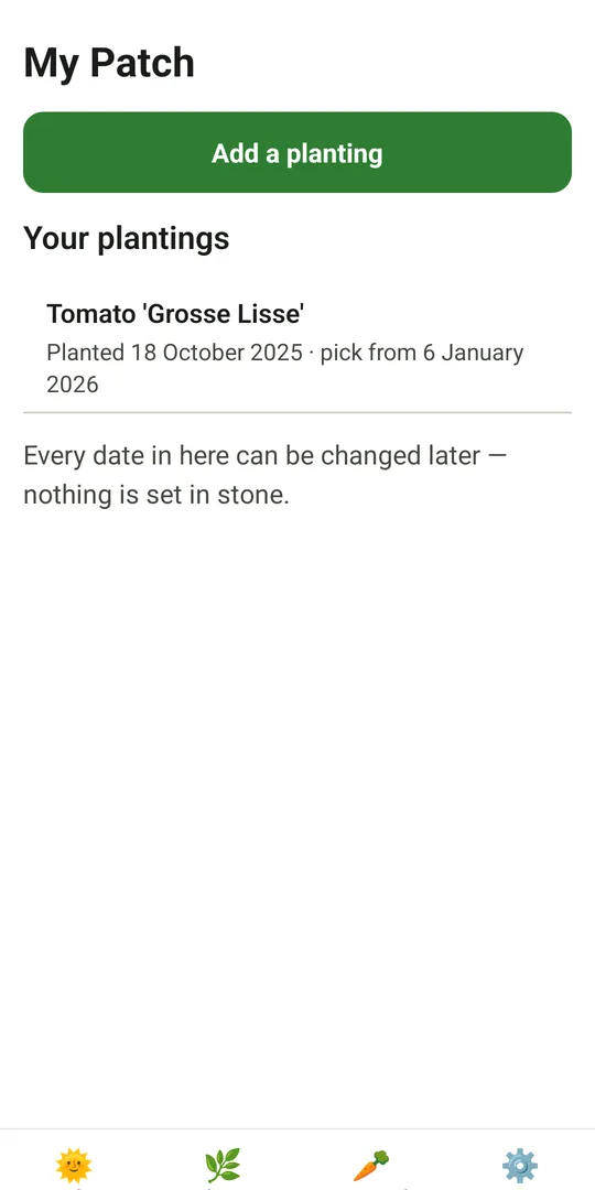 My Patch in Patchwise, listing an active tomato planting with its tasks and harvest window